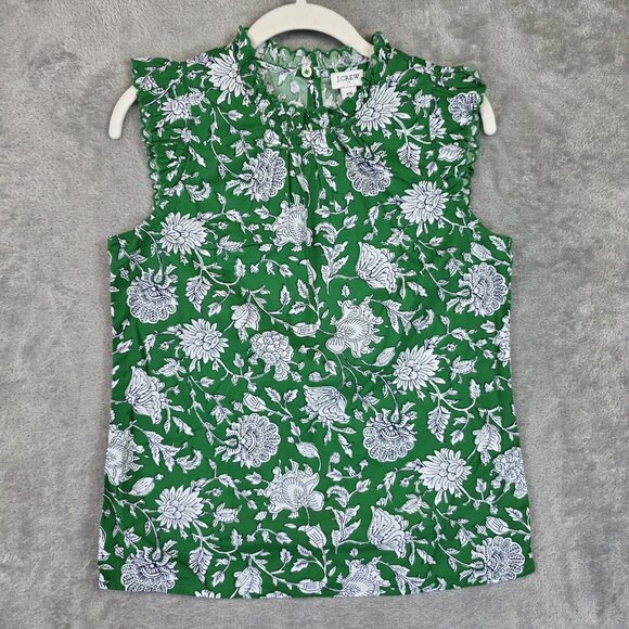 J.CREW Tops - J Crew Blouse Womens XS Green Floral Ruffle Sleeveless High Neck Button Top